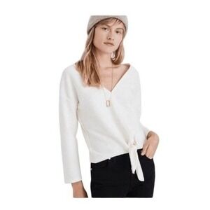 Madewell Texture & Thread Textured Tie-Front Top Ivory Knit Long-Sleeve V-Neck S